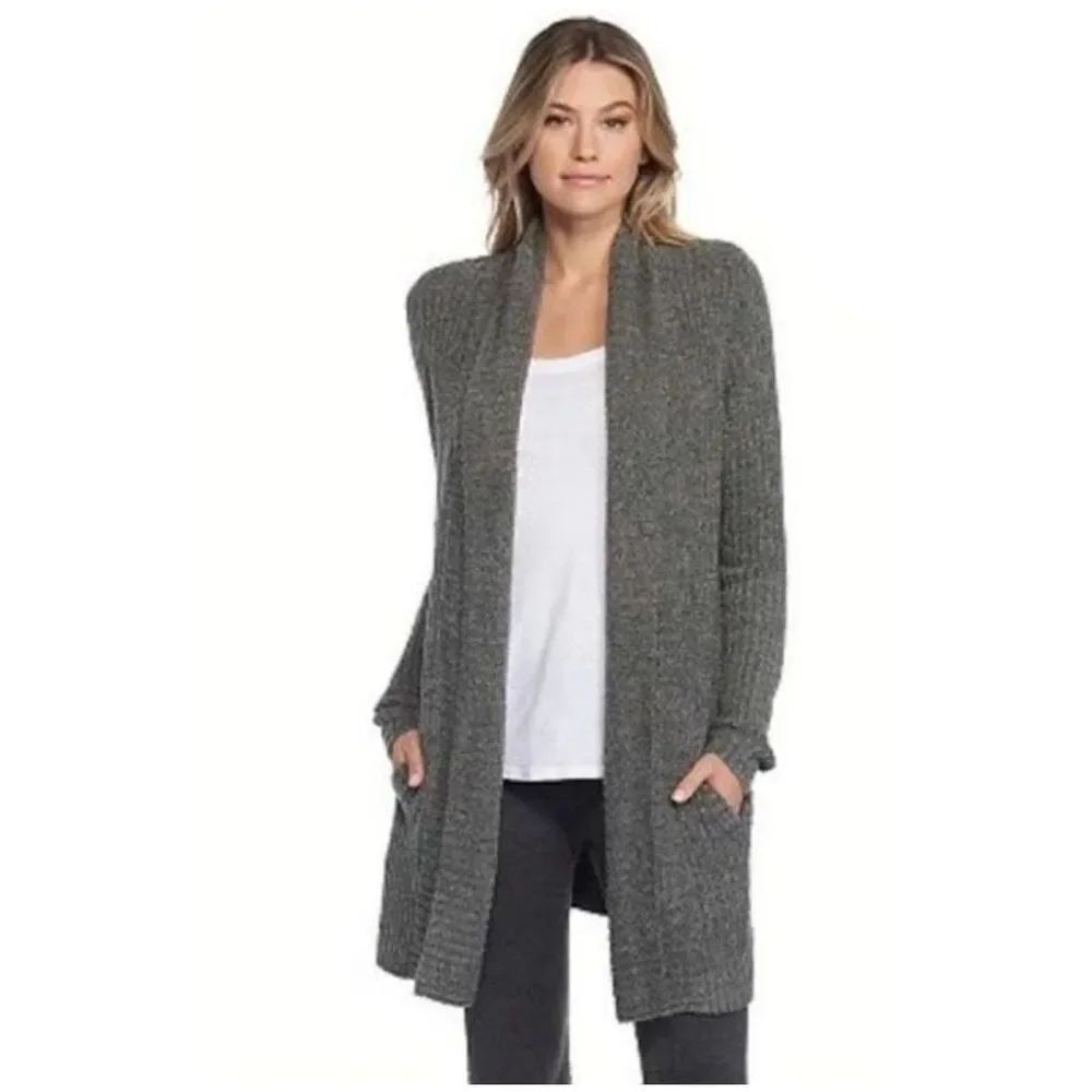 Barefoot Dreams CozyChic Luxe Cardigan Graphite Packets Open Front